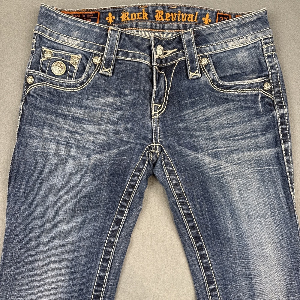 ROCK REVIVAL JEANS WOMENS 27/32 Celine SKINNY Studs Flap THICK STITCH WHISKERING - Picture 4 of 9